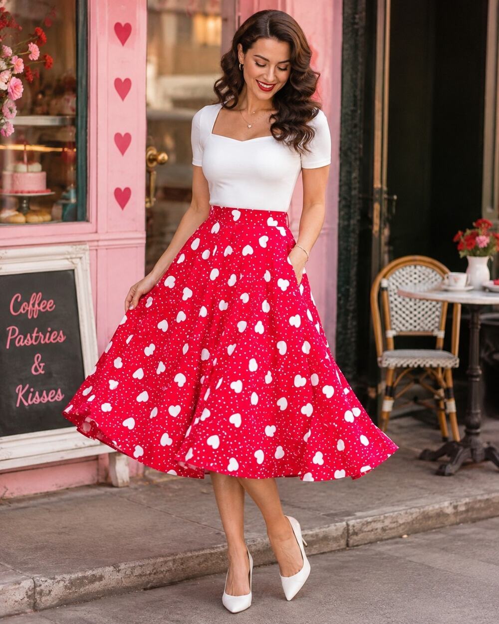 Tulip B Red White Heart Print Midi Swing Skirt Pockets Size M NWT